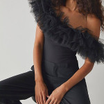 Ekeshwara black net frill swimwear bodysuit for womens