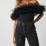 Ekeshwara black net frill swimwear bodysuit for womens