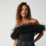 Ekeshwara black net frill swimwear bodysuit for womens
