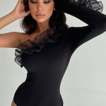 Ekeshwara black one shoulder frill swimwear bodysuit for women