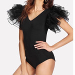 Ekeshwara black net frill swimwear bodysuit for womens