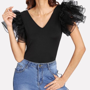 Ekeshwara black net frill swimwear bodysuit for womens
